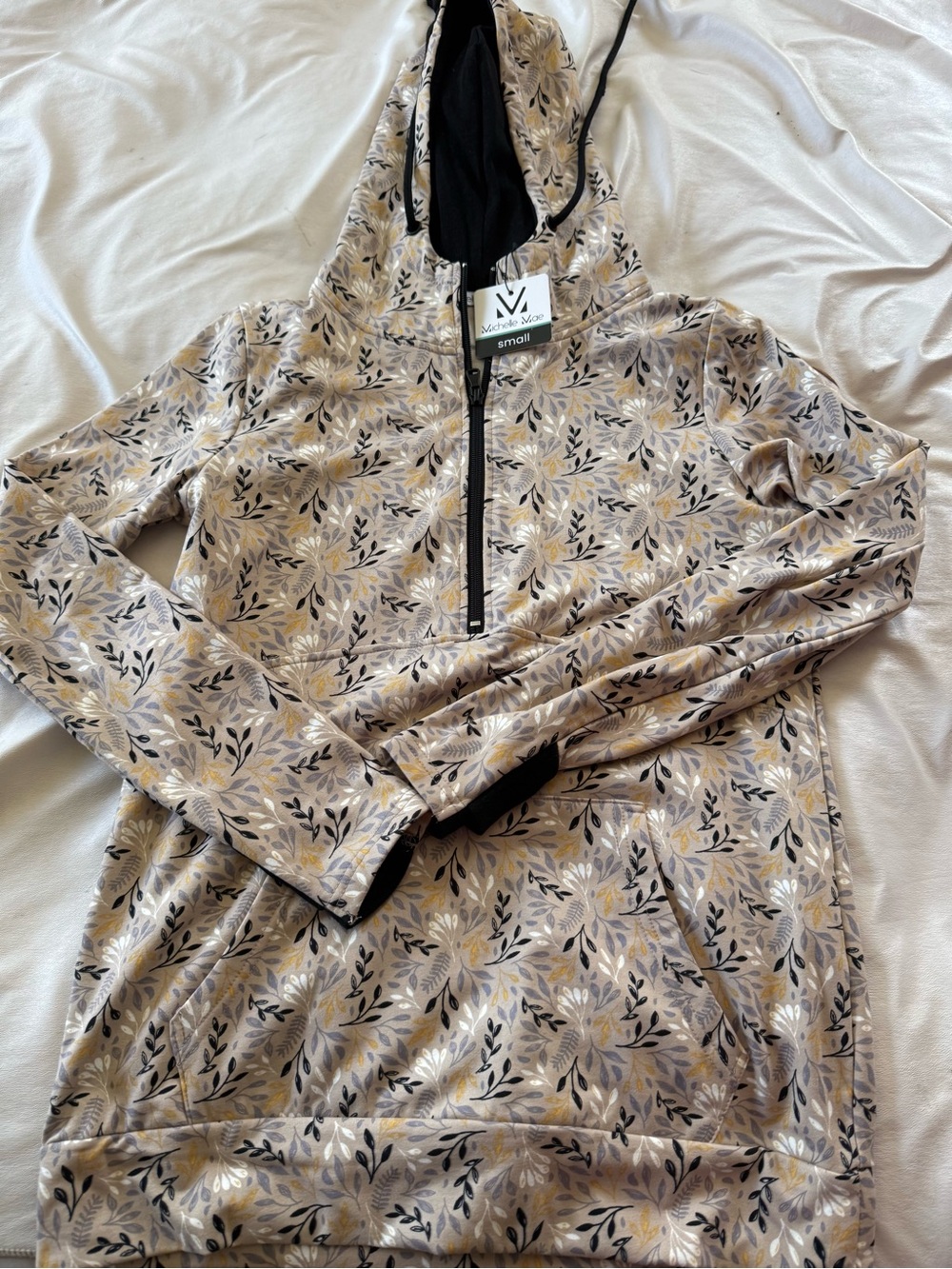 Michelle Mae Beige Floral Half-Zip Hoodie with Hood